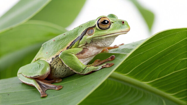 A green tree frog resting on a large green leaf in a close up shot with a white background behind it vreated with genrated ai - Powered by Adobe