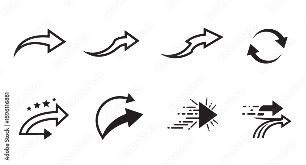 Poster vector set of dynamic arrows and directional symbols in modern black and white design