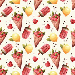 Summer seamless pattern with lemons, watermelon popsicle, cherries. Vector illustration for scrapbooking, background, wrapping paper.	
