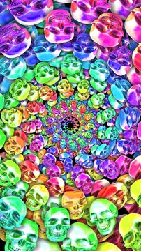 Halloween colorful background. Seamless vertical video animation of a zoom in rainbow skulls.