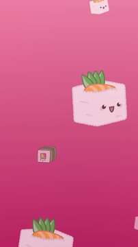 Animation of diverse cartoon sushi floating on pink background
