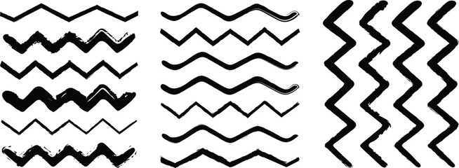 Wave thin line Set of wavy - curvy and zigzag lines  pattern. Squiggle zig zag frame with wiggle. Set of grungy vector hand-drawn patterns. Black grunge ink brush strokes on white background.