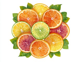 Obraz premium Bright Watercolor Citrus Wheel Mandala Featuring Orange Lime Grapefruit Slices on Clean White Background