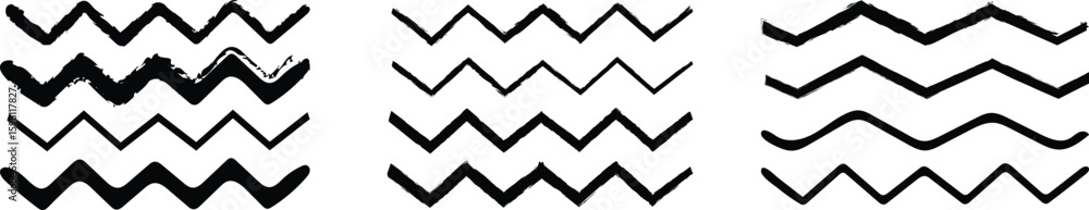 Poster wave line and wavy zigzag pattern, wave icon set of grungy vector hand-drawn patterns. vector black 