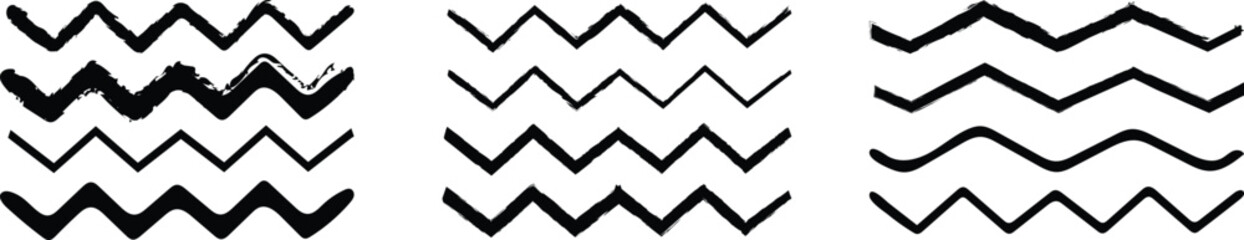 Wave line and wavy zigzag pattern,  Wave icon Set of grungy vector hand-drawn patterns. vector black underlines, Black grunge straight line and lattice ink brush strokes on white background. 