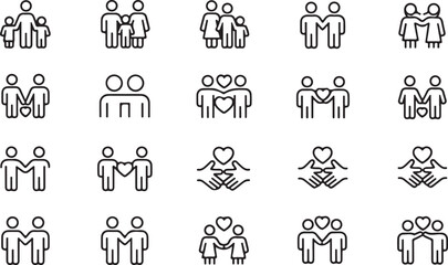Minimalist black line art icon set showing diverse families, same-sex couples, love, and community support symbols.