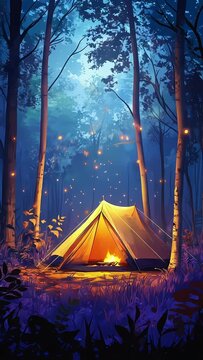 glowing tent and campfire in a mysterious blue and purple misty forest at night