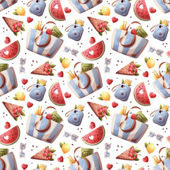 Summer seamless pattern with instant camera, beach bag, lemon, watermelon, cherries. Vector illustration for scrapbooking, background, wrapping paper.