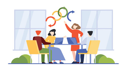 Team meeting with laptops and circular arrows above them in a bright office setting scene shown
