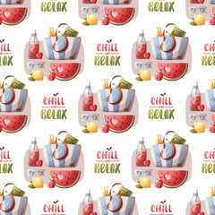 Summer seamless pattern with beach bag, lemon, watermelon, smoothie, sunglasses. Vector illustration for scrapbooking, background, wrapping paper.