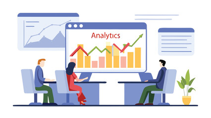 People analyzing a bar graph with upward trending lines on a screen in a business meeting room