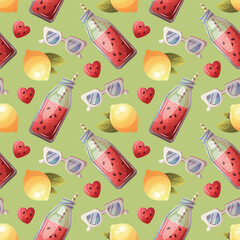Summer seamless pattern with lemon, watermelon smoothie, sunglasses. Vector illustration for scrapbooking, background, wrapping paper.
