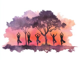 Silhouetted yoga practitioners performing tree pose on sandy beach at vibrant sunset sky with tranquil horizon glow