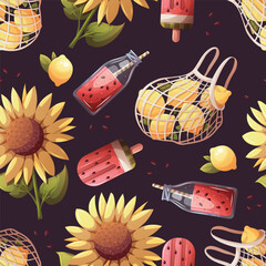 Summer seamless pattern with  sunflower, lemons, watermelon smoothie, popsicle. Vector illustration for scrapbooking, background, wrapping paper.