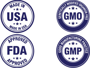Obraz premium Made in Usa Fda Approved Gmo Gmp Seals gmo free, made in usa, fda approved, gmo free, gmp, seal, stamp, certification, quality, compliance, regulation, blue, white, stars, text, graphic, emblem, badge