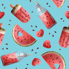 Summer seamless pattern with watermelon slice, smoothie, popsicle.  Vector illustration for scrapbooking, background, wrapping paper.	