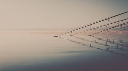 Tranquil fishing rod resting on calm water surface at sunrise  