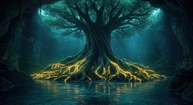 Mystical ancient tree with glowing roots emerges from dark cave waters bathed in ethereal light