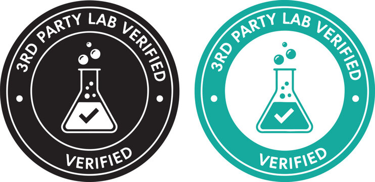 Lab verified seal with flask and checkmark third party, seal, verified, lab, third party, certification, quality, approval, checkmark, flask, bubbles, science, laboratory, testing, assurance, guarante