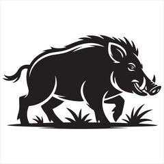 Black And White Silhouette Of A Wild Boar Walking Through Grass.
