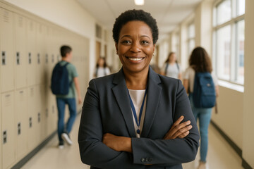Smiling african american principal or teacher standing in school hallway