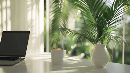 Fototapeta premium White Workspace With Laptop Cold Brew Coffee