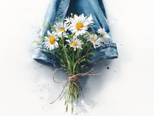 Wild Daisy Flower Bouquet Tied With Rustic Twine Against Blue Denim Jacket Backdrop Crisp White Petals