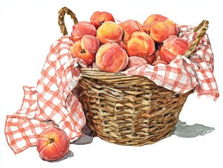 Wicker basket overflowing with ripe peaches on gingham cloth with warm coral background and bright summer theme