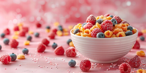 Colorful breakfast cereal loops topped with fresh raspberries and blueberries sit against a vibrant.