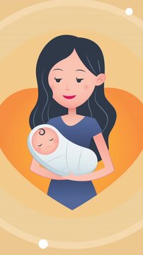 Animation of mother and newborn over heart and circle on yellow background with white dots