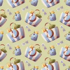 Summer seamless pattern with instant camera, beach bag, sunglasses. Vector illustration for scrapbooking, background, wrapping paper.