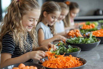 Children preparing fresh vegetables in a kitchen for healthy meal