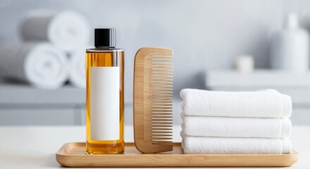 Still life of oil bottle comb and towels on a wooden tray indoors