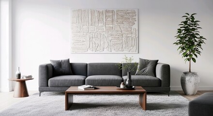 Modern Minimalist Living Room Interior Design Grey Sofa White Wall Art
