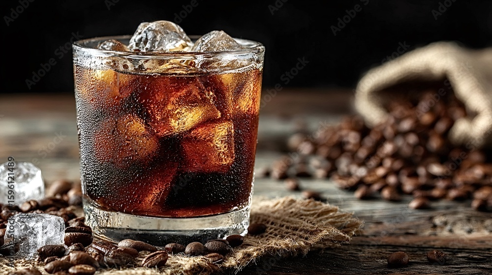 Poster glass of iced coffee sits on a rustic wooden table. condensation clinging to its sides. surrounded b
