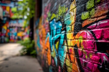 Obraz premium Colorful street art wall featuring graffiti textures, showcasing vibrant urban background 