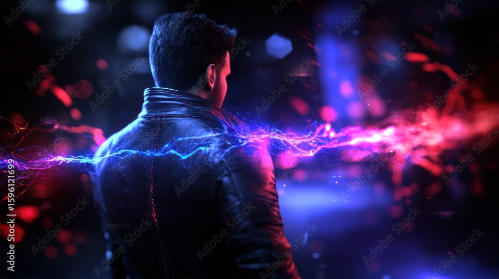 Poster man in leather jacket standing with illuminated energy effect with dark background