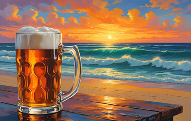 Foamy Beer at Sunset Beach — Relaxing Summer Vibes by the Ocean