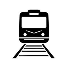 This is a black and white icon of a train on tracks, representing public transportation.