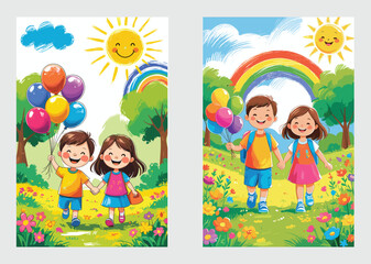 Happy Children Holding Balloons In Garden Book Cover Illustration