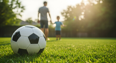 A father and son enjoy a sunny afternoon playing soccer in their lush green backyard, creating lasting memories together.