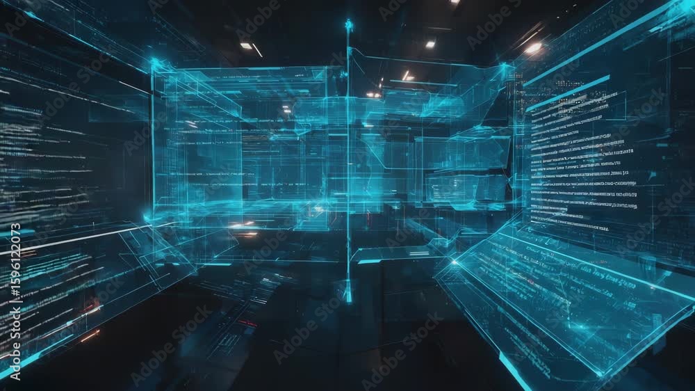 Poster lines of programming code are moving through cyberspace in a futuristic server room, creating a high