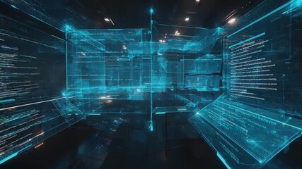 Lines of programming code are moving through cyberspace in a futuristic server room, creating a high-tech and dynamic visual representation of data flow and processing - Powered by Adobe