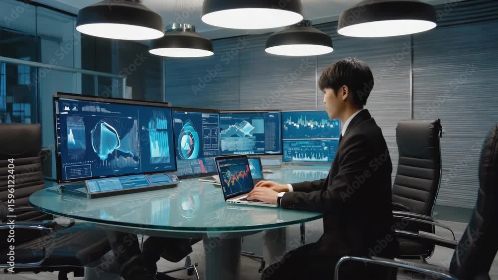 Poster businessman analyzing graphs and charts displayed on multiple computer screens and laptop in a moder