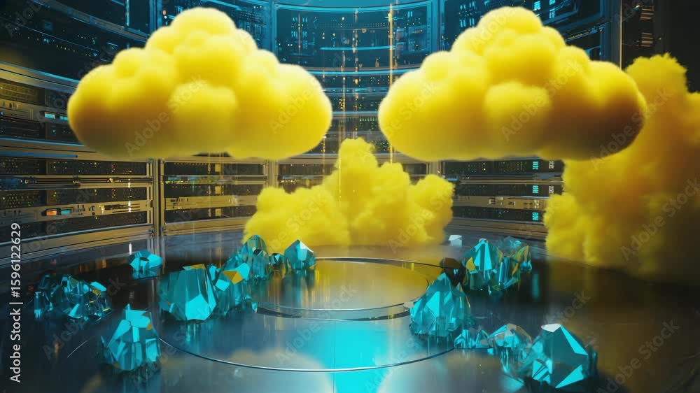 Poster yellow clouds are floating inside a futuristic server room with blue crystals and digital informatio