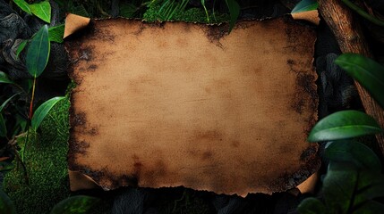 Vintage scroll in jungle, aged parchment for message, adventure map in forest