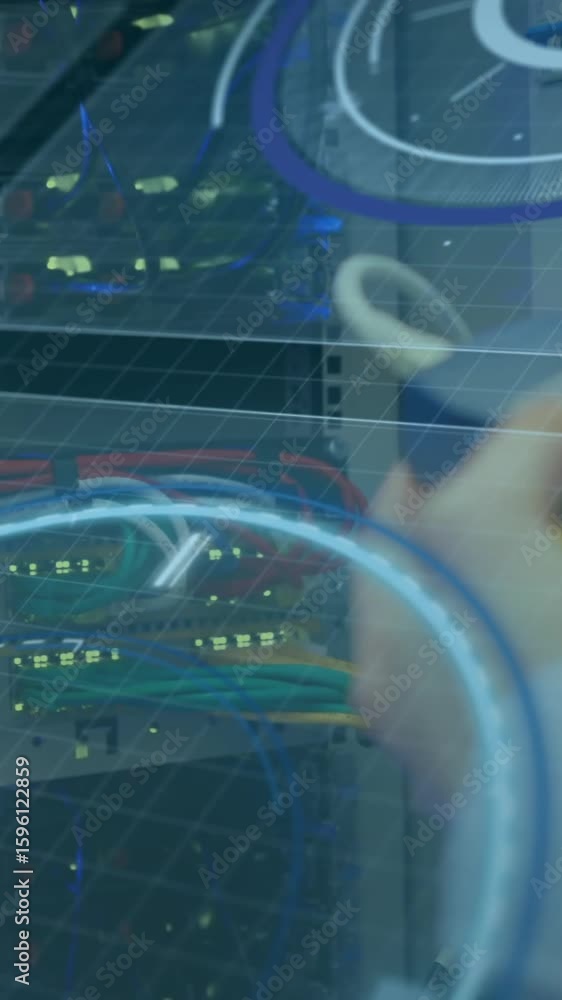 Poster connecting cables in server room, data processing animation over tech equipment