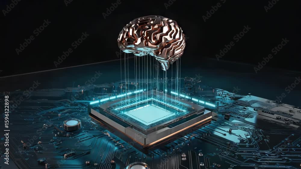 Poster metallic brain hovering over cpu on motherboard is transferring data, symbolizing artificial intelli