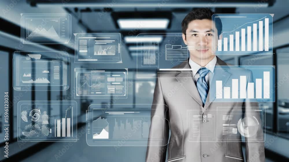 Poster businessman in a suit is touching a virtual screen displaying various charts and graphs, indicating 