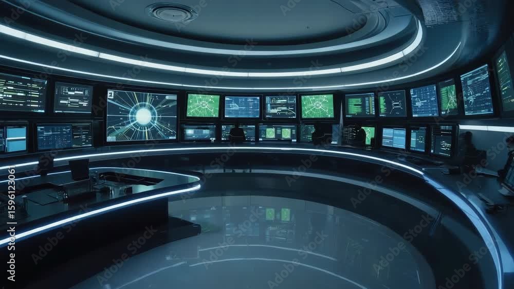 Poster government agency security specialists working late in a high-tech monitoring room filled with digit